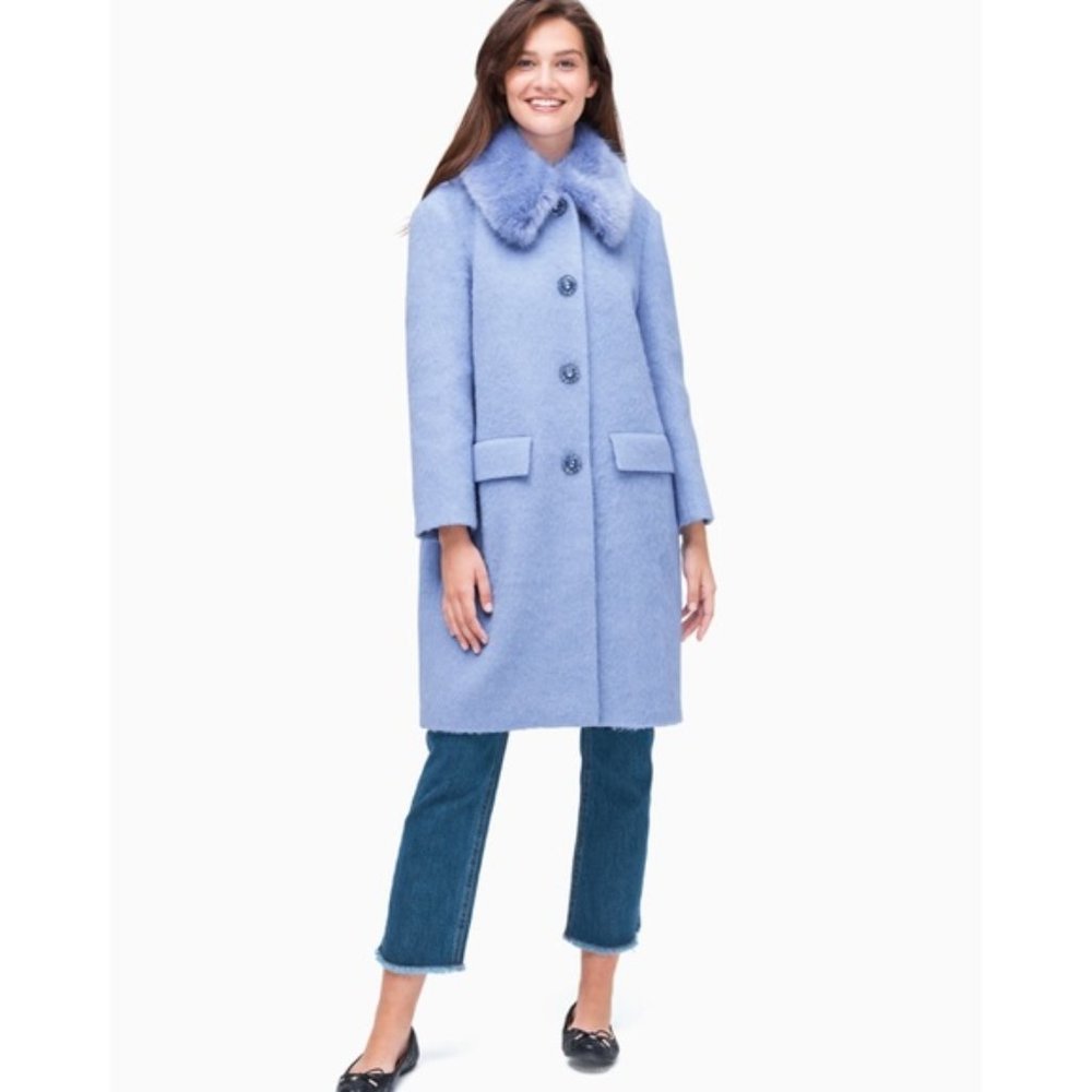 Kate Spade Faux Fur Trim Coat Periwinkle Blue